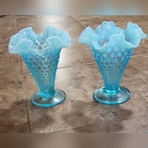 Fenton Blue Opalescent Hobnail Glass Fluted Cone Shaped Crimped Vase